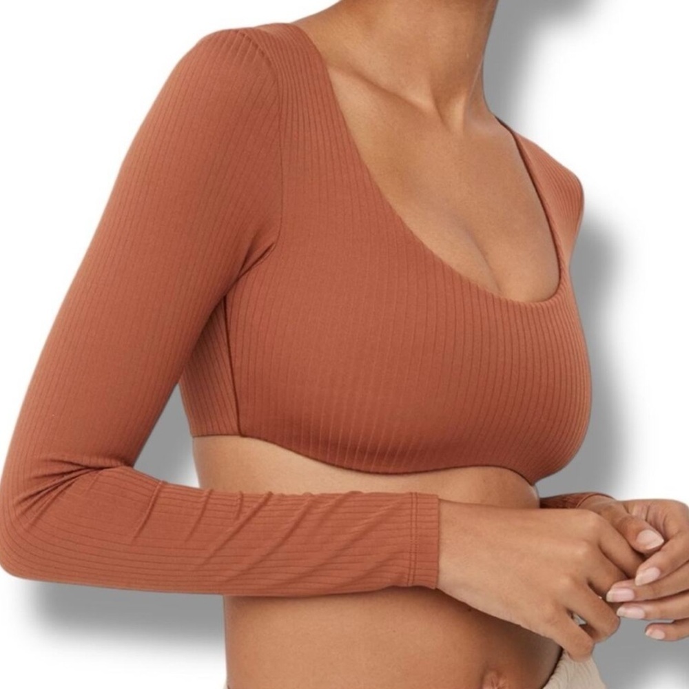 OFFLINE by Aerie Real Me Cropped Long Sleeve Bra Top in Hazelnut Brown, L